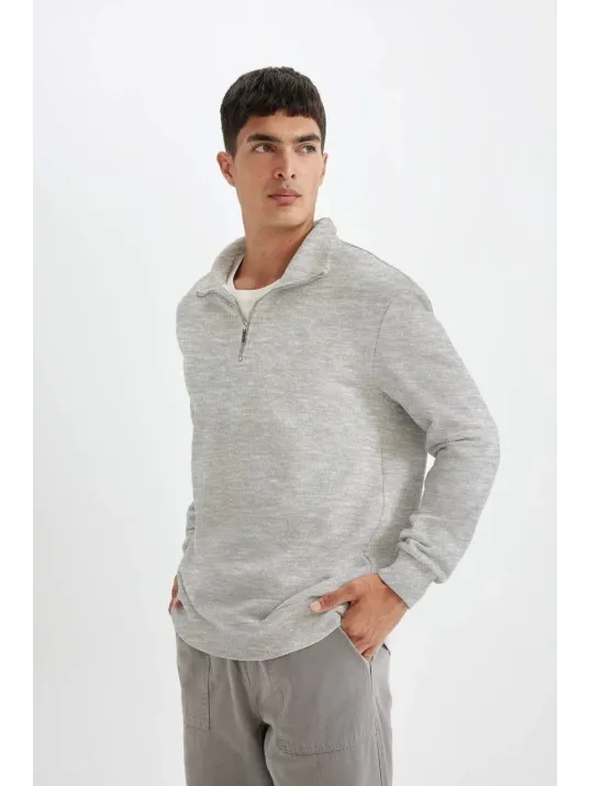 Unisex Uzun Kol Yarım Farmuarlı Yakalı Basic SweatShirt - Gri Unisex Uzun Kol Yarım Farmuarlı Yakalı Basic SweatShirt - Gri