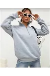 Unisex Uzun Kol Yarım Farmuarlı Yakalı Basic Sweatshirt - Gri