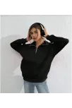 Unisex Uzun Kol Yarım Farmuarlı Yakalı Basic Sweatshirt - Siyah