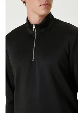 Unisex Uzun Kol Yarım Farmuarlı Yakalı Basic SweatShirt - Siyah Unisex Uzun Kol Yarım Farmuarlı Yakalı Basic SweatShirt - Siyah