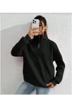 Unisex Uzun Kol Yarım Farmuarlı Yakalı Basic Sweatshirt - Siyah