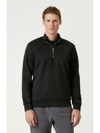 Unisex Uzun Kol Yarım Farmuarlı Yakalı Basic SweatShirt - Siyah Unisex Uzun Kol Yarım Farmuarlı Yakalı Basic SweatShirt - Siyah