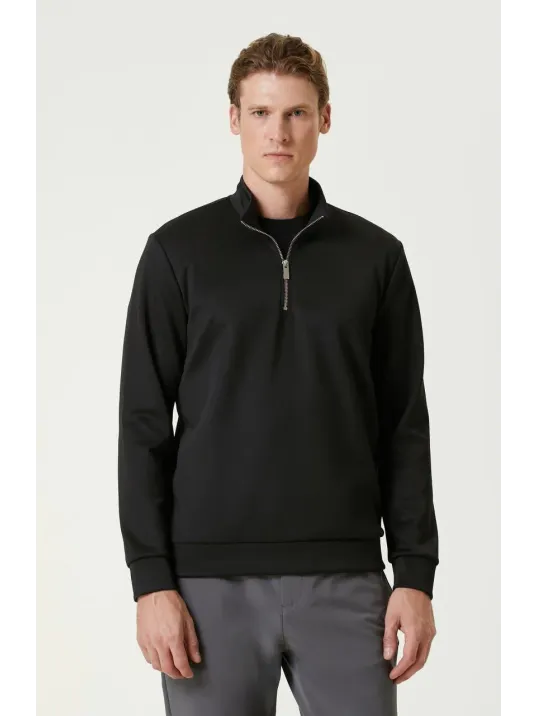 Unisex Uzun Kol Yarım Farmuarlı Yakalı Basic SweatShirt - Siyah Unisex Uzun Kol Yarım Farmuarlı Yakalı Basic SweatShirt - Siyah