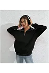 Unisex Uzun Kol Yarım Farmuarlı Yakalı Basic Sweatshirt - Siyah