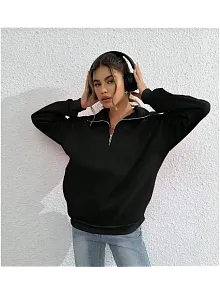 Unisex Uzun Kol Yarım Farmuarlı Yakalı Basic Sweatshirt - Siyah