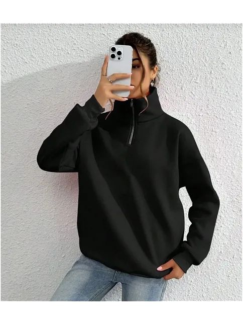Unisex Uzun Kol Yarım Farmuarlı Yakalı Basic Sweatshirt - Siyah
