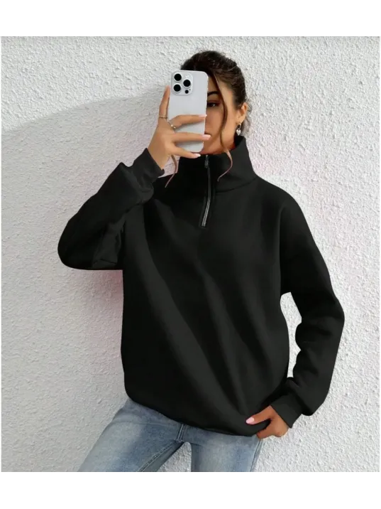 Unisex Uzun Kol Yarım Farmuarlı Yakalı Basic SweatShirt - Siyah Unisex Uzun Kol Yarım Farmuarlı Yakalı Basic SweatShirt - Siyah
