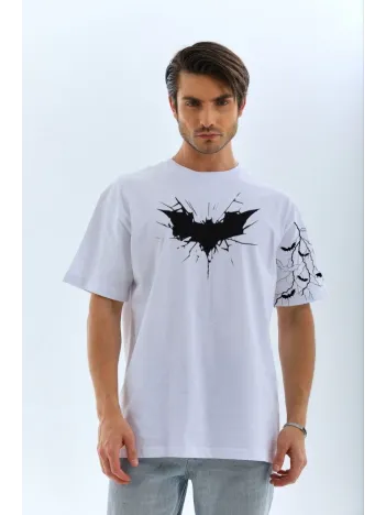Unisex Ön ve Kol Baskılı Oversize T-shirt - Beyaz Unisex Ön ve Kol Baskılı Oversize T-shirt - Beyaz