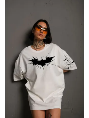 Unisex Ön ve Kol Baskılı Oversize T-shirt - Beyaz Unisex Ön ve Kol Baskılı Oversize T-shirt - Beyaz