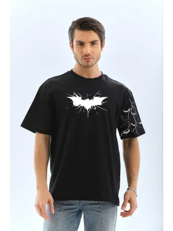 Unisex Ön ve Kol Baskılı Oversize T-shirt - Siyah Unisex Ön ve Kol Baskılı Oversize T-shirt - Siyah