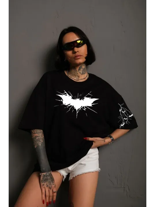 Unisex Ön ve Kol Baskılı Oversize T-shirt - Siyah Unisex Ön ve Kol Baskılı Oversize T-shirt - Siyah