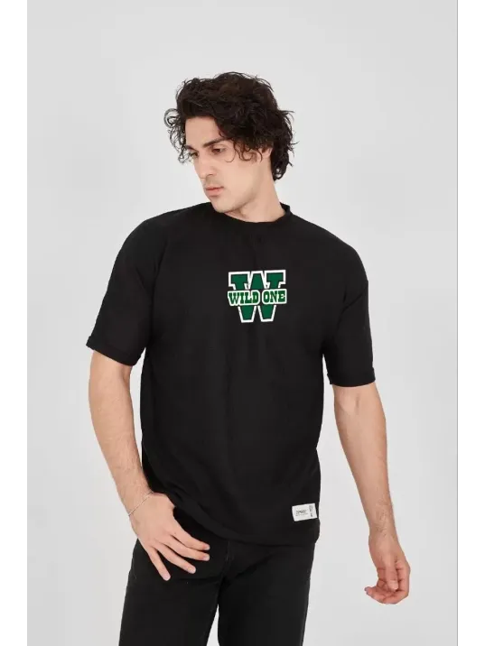 Unisex Waffle Kumaş Çift Katlamalı Kol Baskılı T-Shirt - Siyah Unisex Waffle Kumaş Çift Katlamalı Kol Baskılı T-Shirt - Siyah