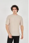 Unisex Waffle Kumaş Rahat Kol T-shirt - Bej
