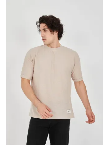 Unisex Waffle Kumaş Rahat Kol T-Shirt - Bej Unisex Waffle Kumaş Rahat Kol T-Shirt - Bej