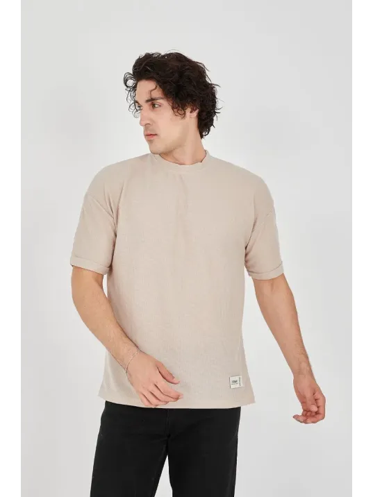 Unisex Waffle Kumaş Rahat Kol T-Shirt - Bej Unisex Waffle Kumaş Rahat Kol T-Shirt - Bej