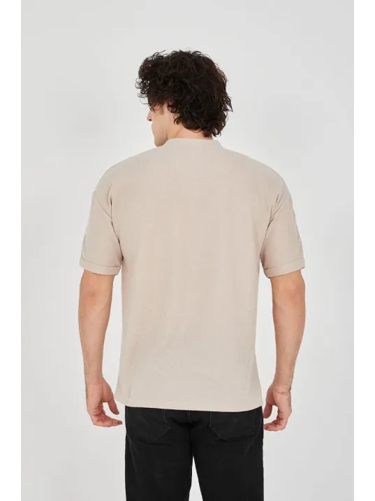 Unisex Waffle Kumaş Rahat Kol T-Shirt - Bej Unisex Waffle Kumaş Rahat Kol T-Shirt - Bej