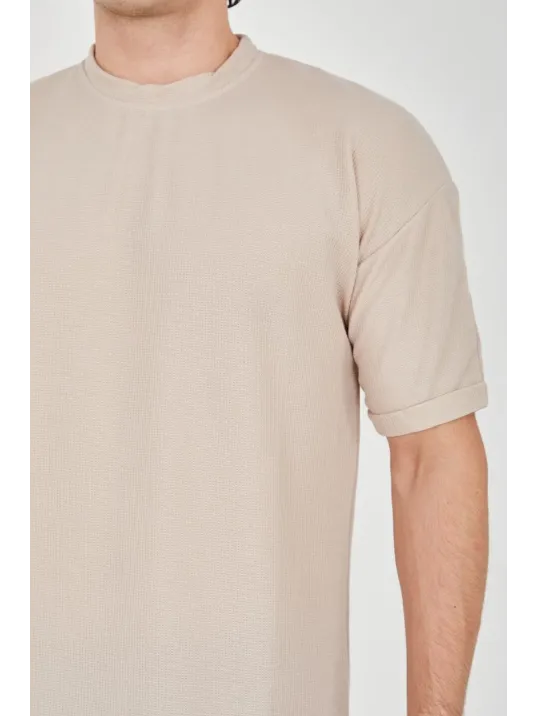 Unisex Waffle Kumaş Rahat Kol T-Shirt - Bej Unisex Waffle Kumaş Rahat Kol T-Shirt - Bej