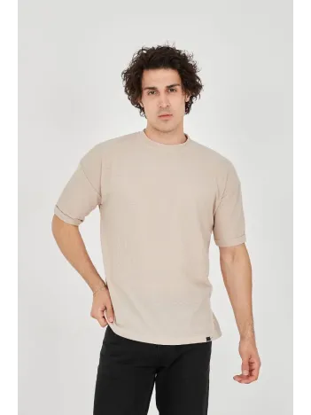 Unisex Waffle Kumaş Rahat Kol T-Shirt - Bej Unisex Waffle Kumaş Rahat Kol T-Shirt - Bej