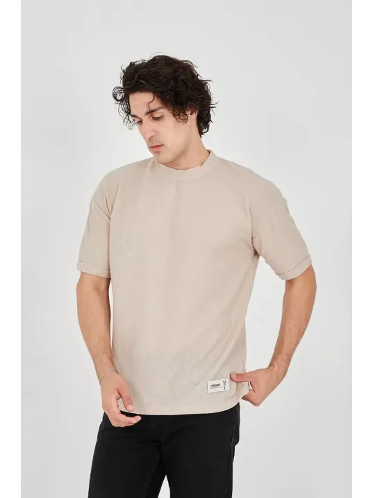 Unisex Waffle Kumaş Rahat Kol T-Shirt - Bej Unisex Waffle Kumaş Rahat Kol T-Shirt - Bej