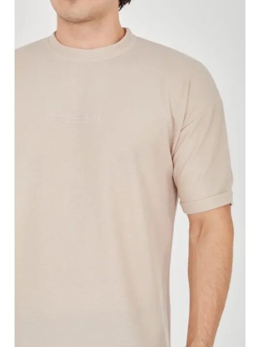 Unisex Waffle Kumaş Rahat Kol T-Shirt - Bej Unisex Waffle Kumaş Rahat Kol T-Shirt - Bej