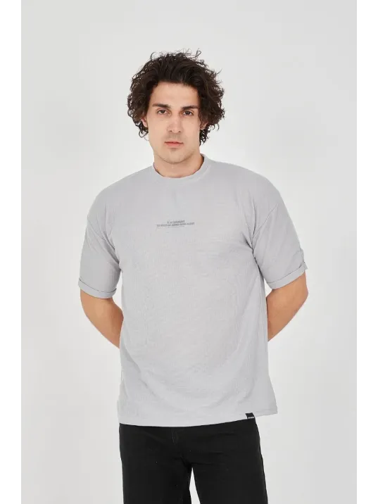 Unisex Waffle Kumaş Rahat Kol T-Shirt - Boyalı Gri Unisex Waffle Kumaş Rahat Kol T-Shirt - Boyalı Gri