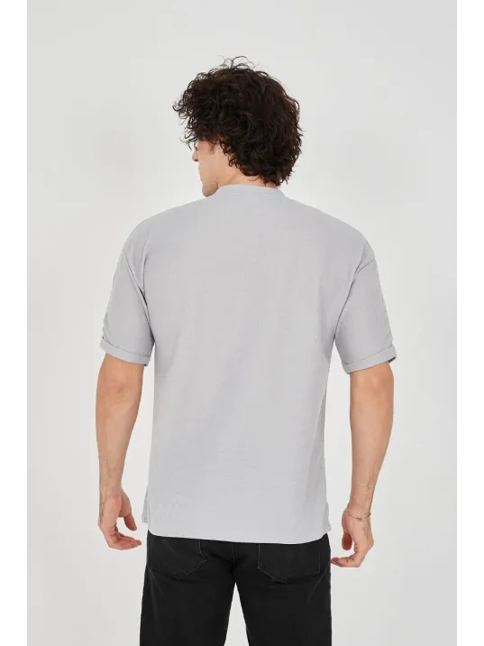 Unisex Waffle Kumaş Rahat Kol T-Shirt - Boyalı Gri Unisex Waffle Kumaş Rahat Kol T-Shirt - Boyalı Gri