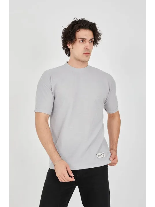 Unisex Waffle Kumaş Rahat Kol T-Shirt - Boyalı Gri Unisex Waffle Kumaş Rahat Kol T-Shirt - Boyalı Gri