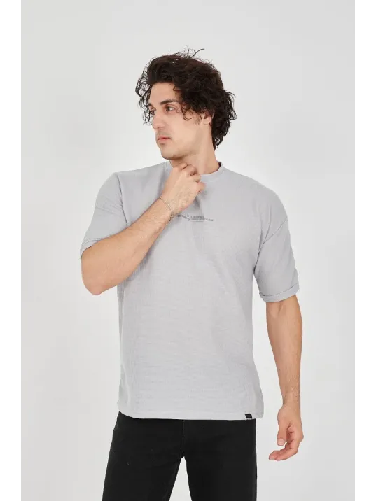 Unisex Waffle Kumaş Rahat Kol T-Shirt - Boyalı Gri Unisex Waffle Kumaş Rahat Kol T-Shirt - Boyalı Gri