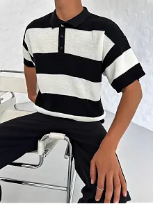 Erkek Yakalı Düğmeli Triko T-shirt - Siyah
