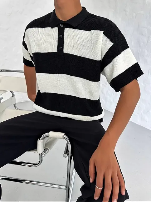 Erkek Yakalı Düğmeli Triko T-shirt - Siyah