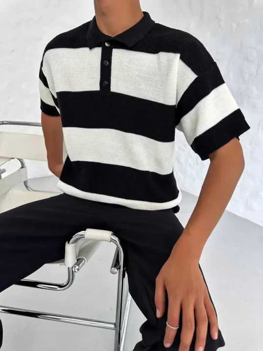 Erkek Yakalı Düğmeli Triko T-shirt - Siyah