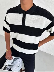 Erkek Yakalı Düğmeli Triko T-shirt - Siyah