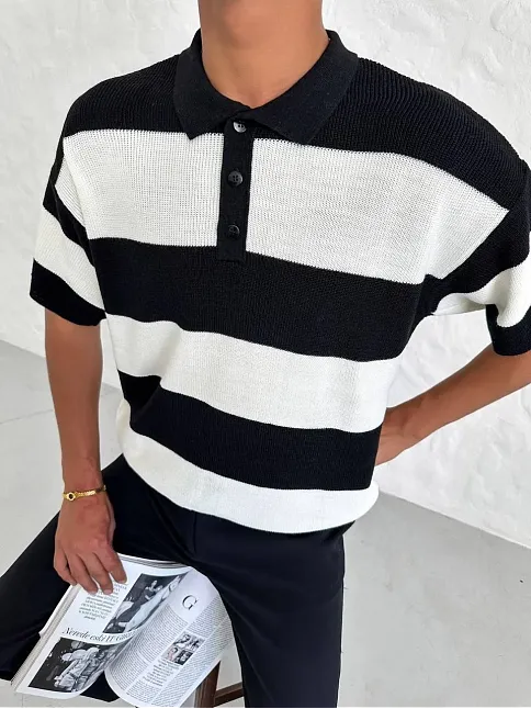 Erkek Yakalı Düğmeli Triko T-shirt - Siyah
