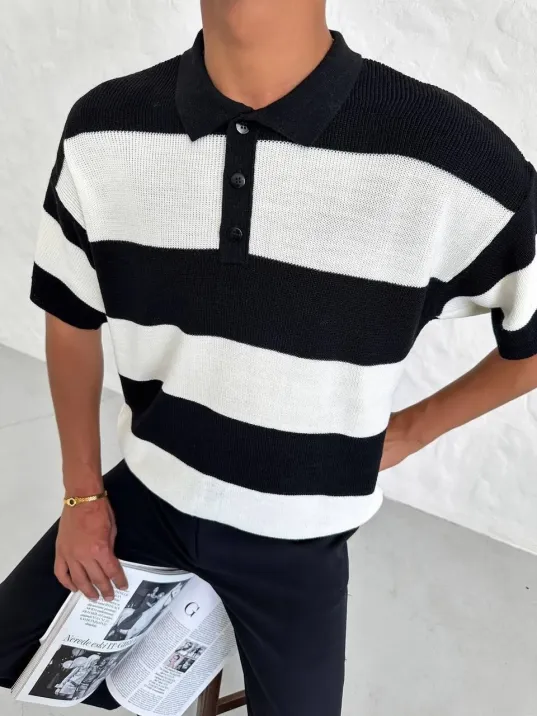 Erkek Yakalı Düğmeli Triko T-shirt - Siyah