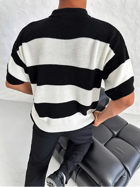 Erkek Yakalı Düğmeli Triko T-shirt - Siyah