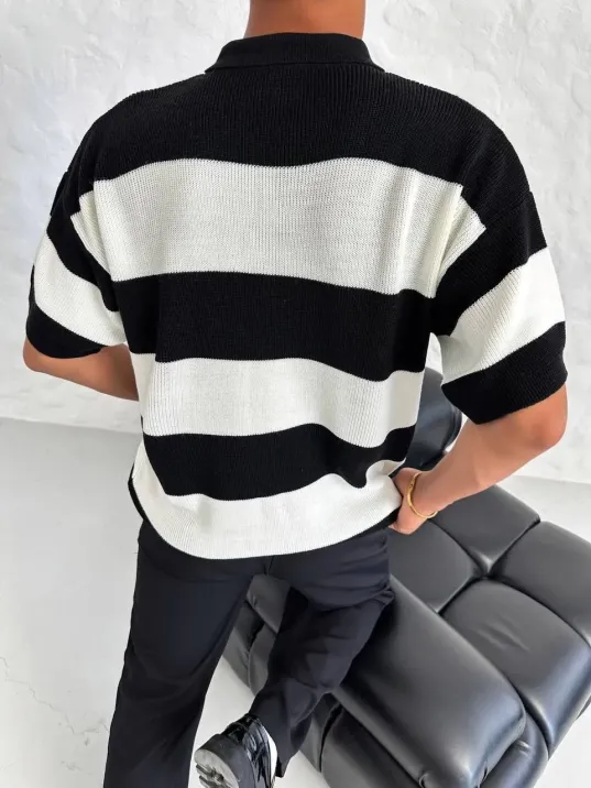 Erkek Yakalı Düğmeli Triko T-shirt - Siyah