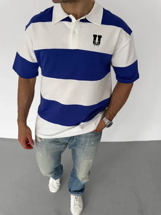 Unisex Yakalı Parçalı Ve Baskılı T-shirt - Mavi