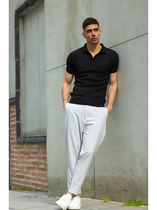 Erkek  V Yakalı Triko T-shirt - Siyah