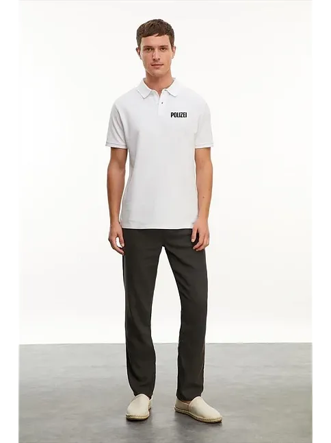 Yakası Düğmeli Yakalı Pike Baskılı T-shirt - Beyaz