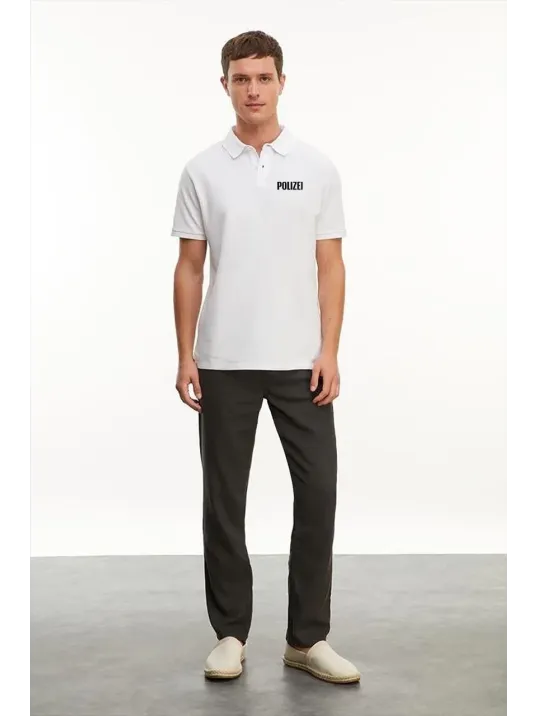 Yakası Düğmeli Yakalı Pike Baskılı T-shirt - Beyaz