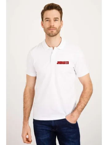 Erkek Pike Yakalı Tişort Düğmeli  Baskılı T-shirt  - Beyaz