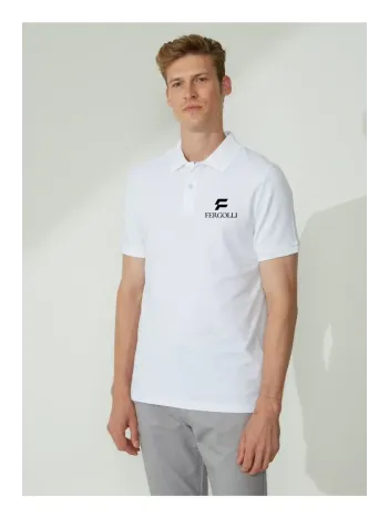 Erkek Pike Yakalı Tişort Düğmeli  Baskılı T-shirt  - Beyaz