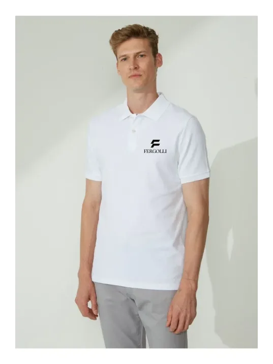 Erkek Pike Yakalı Tişort Düğmeli Baskılı T-shirt - Beyaz Erkek Pike Yakalı Tişort Düğmeli Baskılı T-shirt - Beyaz