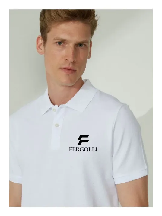 Erkek Pike Yakalı Tişort Düğmeli Baskılı T-shirt - Beyaz Erkek Pike Yakalı Tişort Düğmeli Baskılı T-shirt - Beyaz