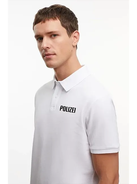 Yakası Düğmeli Yakalı Pike Baskılı T-shirt - Beyaz