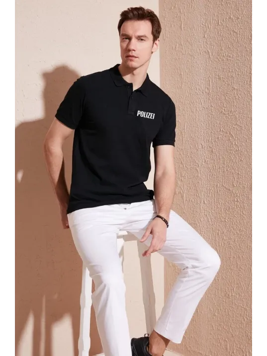 Yakası Düğmeli Yakalı Pike Baskılı T-Shirt - Siyah Yakası Düğmeli Yakalı Pike Baskılı T-Shirt - Siyah