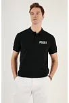 Yakası Düğmeli Yakalı Pike Baskılı T-shirt - Siyah