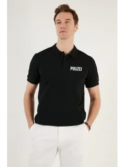 Yakası Düğmeli Yakalı Pike Baskılı T-shirt - Siyah