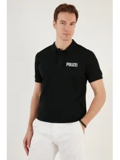 Yakası Düğmeli Yakalı Pike Baskılı T-shirt - Siyah