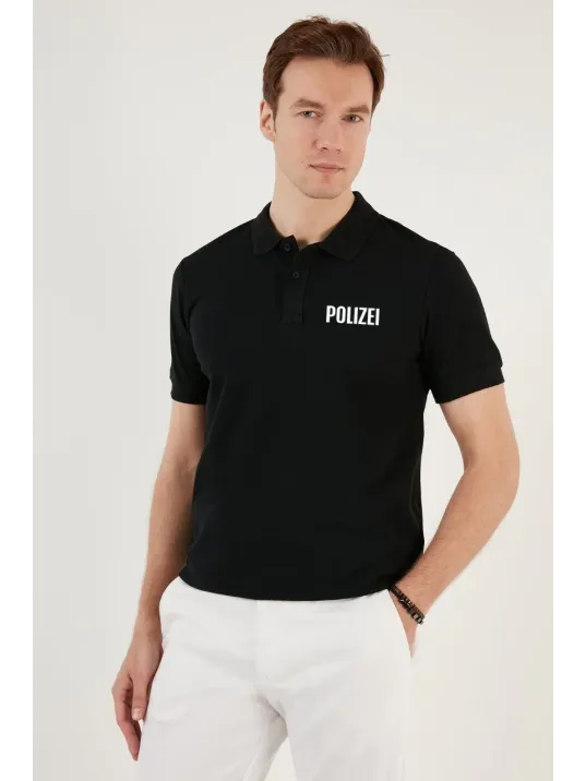 Yakası Düğmeli Yakalı Pike Baskılı T-Shirt - Siyah Yakası Düğmeli Yakalı Pike Baskılı T-Shirt - Siyah